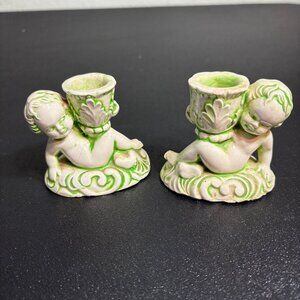 2 Vintage Porcelain Cherub Candle Holders